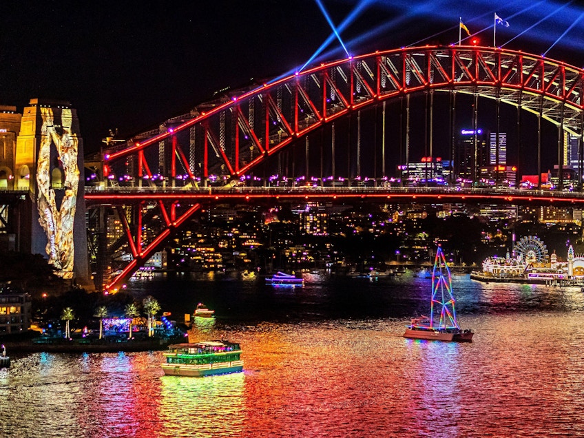Views of Harbour Lights installations on marine vessels moving across Sydney Harbour during Vivid Sydney 2019.